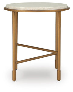 Alben Round Marble End Table straight-on view of the slim metal base - Whats New Furniture Portland OR
