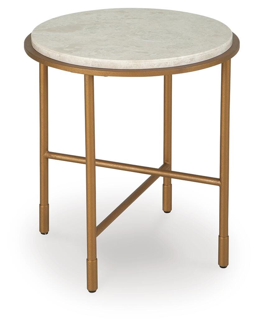 Alben Round Marble End Table angled view showing the goldtone frame - Whats New Furniture Portland OR