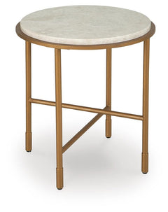 Alben Round Marble End Table angled view showing the goldtone frame - Whats New Furniture Portland OR