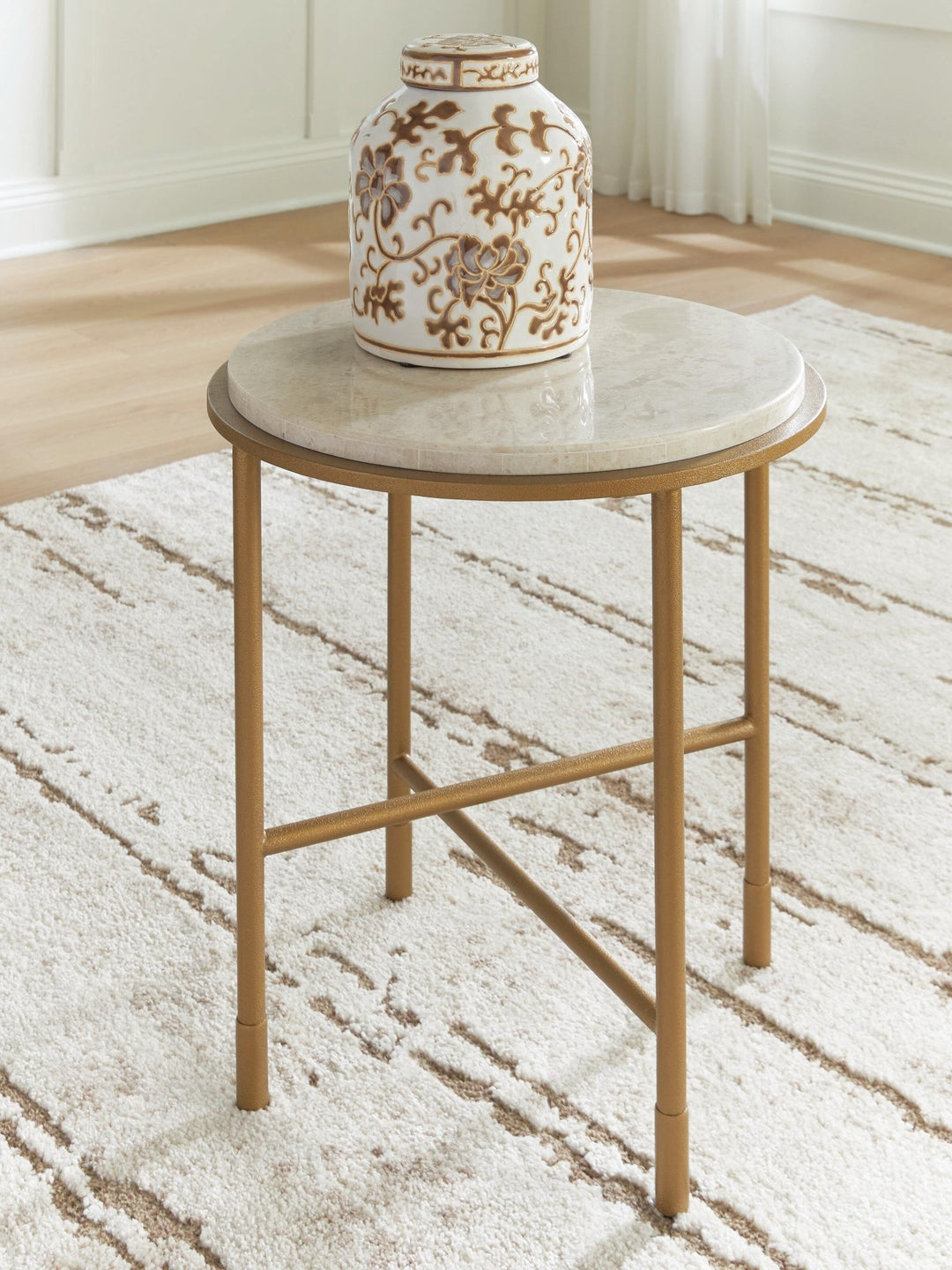 Alben Round Marble End Table in antique gold front view - Ashley marble end table - Whats New Furniture Portland OR