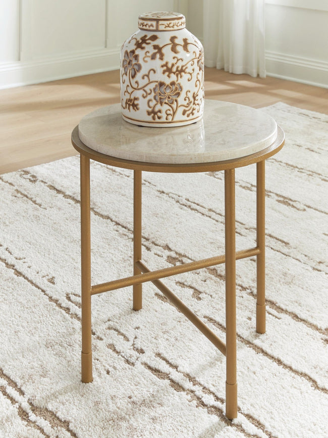 Alben Round Marble End Table in antique gold front view - Ashley marble end table - Whats New Furniture Portland OR