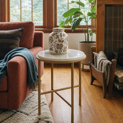 Alben Round Marble End Table in Antique Gold styled in a Portland living room - Whats New Furniture