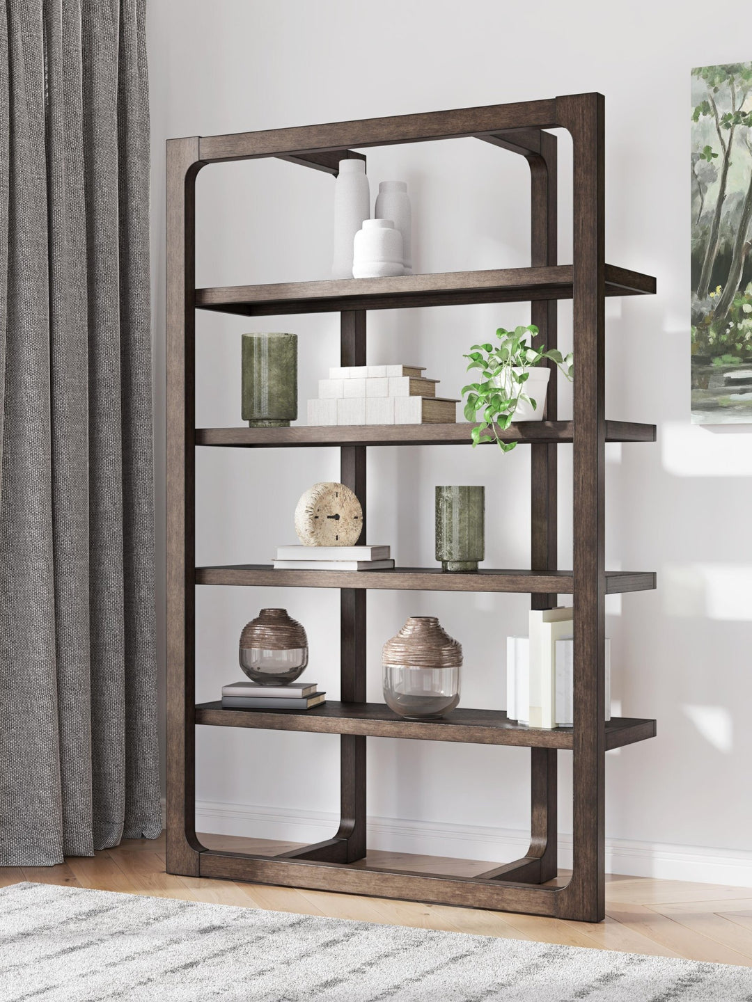 Breckington Bookcase in dark brown front view - tall oak bookcase by Ashley - Whats New Furniture Portland OR