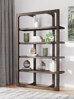 Breckington Bookcase in dark brown front view - tall oak bookcase by Ashley - Whats New Furniture Portland OR