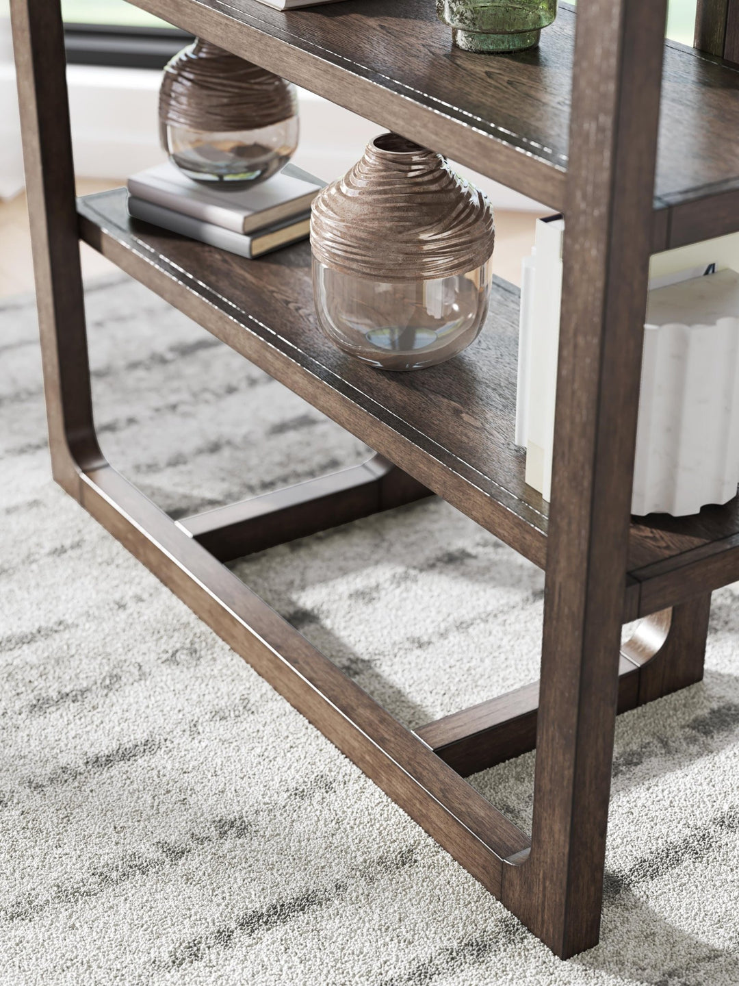 Breckington Bookcase detail of the dark oak shelf edge and frame - Whats New Furniture Portland OR