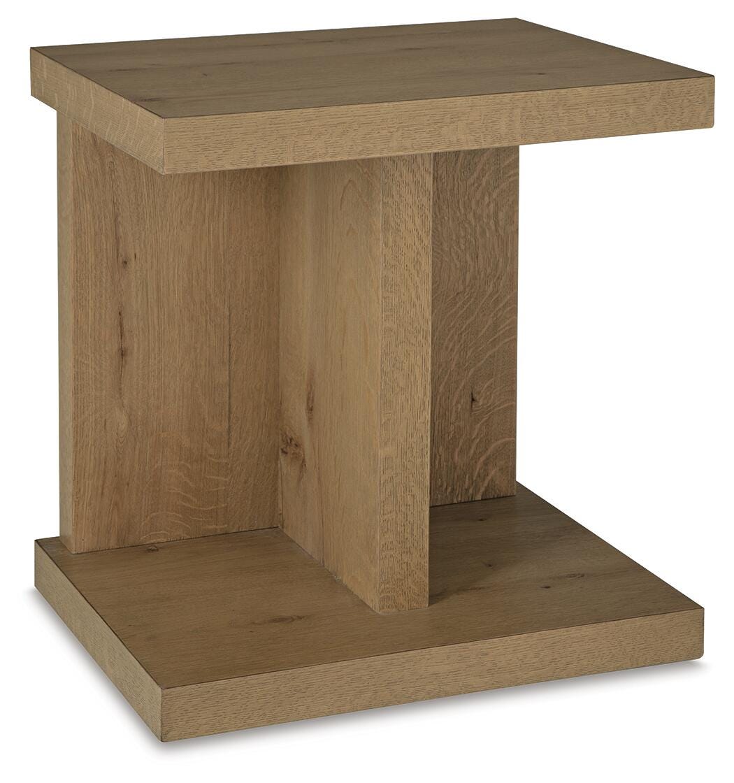 Brinstead Chairside End Table in natural oak angled view showing the plinth base - Whats New Furniture Portland OR