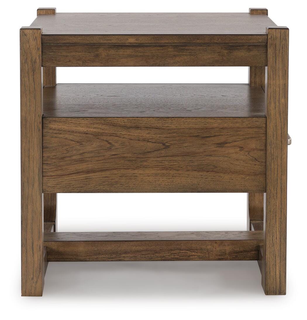 Cabalynn End Table in Light Brown side profile showing the open shelf - Whats New Furniture Portland OR