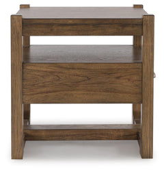 Cabalynn End Table in Light Brown side profile showing the open shelf - Whats New Furniture Portland OR