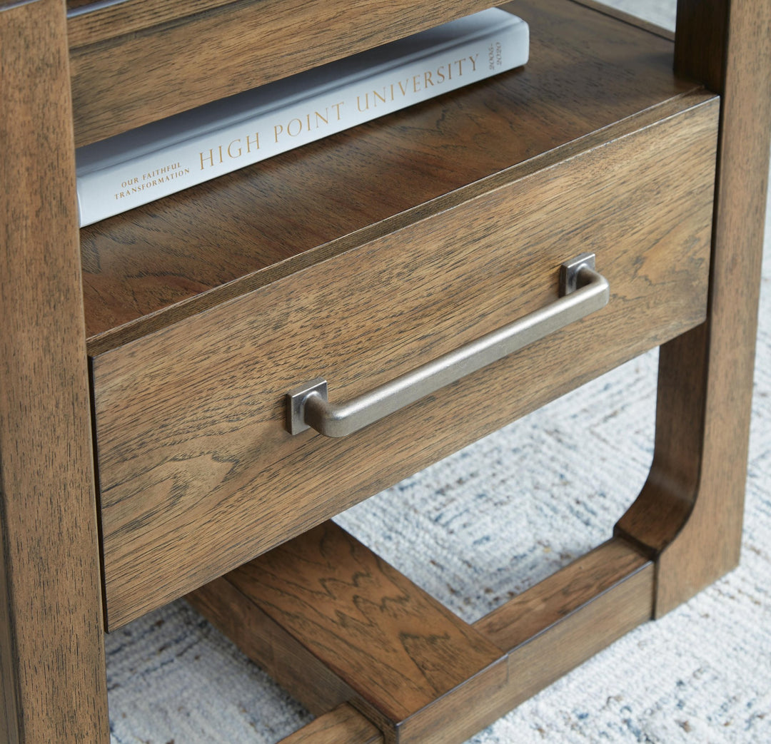 Cabalynn End Table detail of the corner post and glazed wood grain - Ashley end table - Whats New Furniture Portland OR