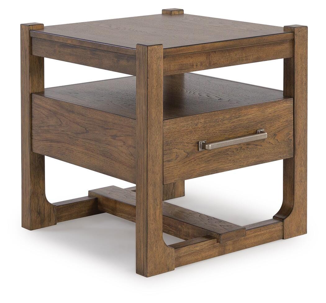 Cabalynn End Table in Light Brown angled view with drawer closed - Ashley end table - Whats New Furniture Portland OR