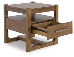 Cabalynn End Table in Light Brown with the storage drawer open - Ashley end table - Whats New Furniture Portland OR
