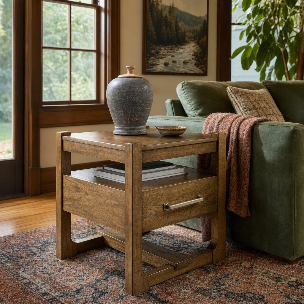 Cabalynn End Table in Light Brown styled in a Portland living room - Whats New Furniture