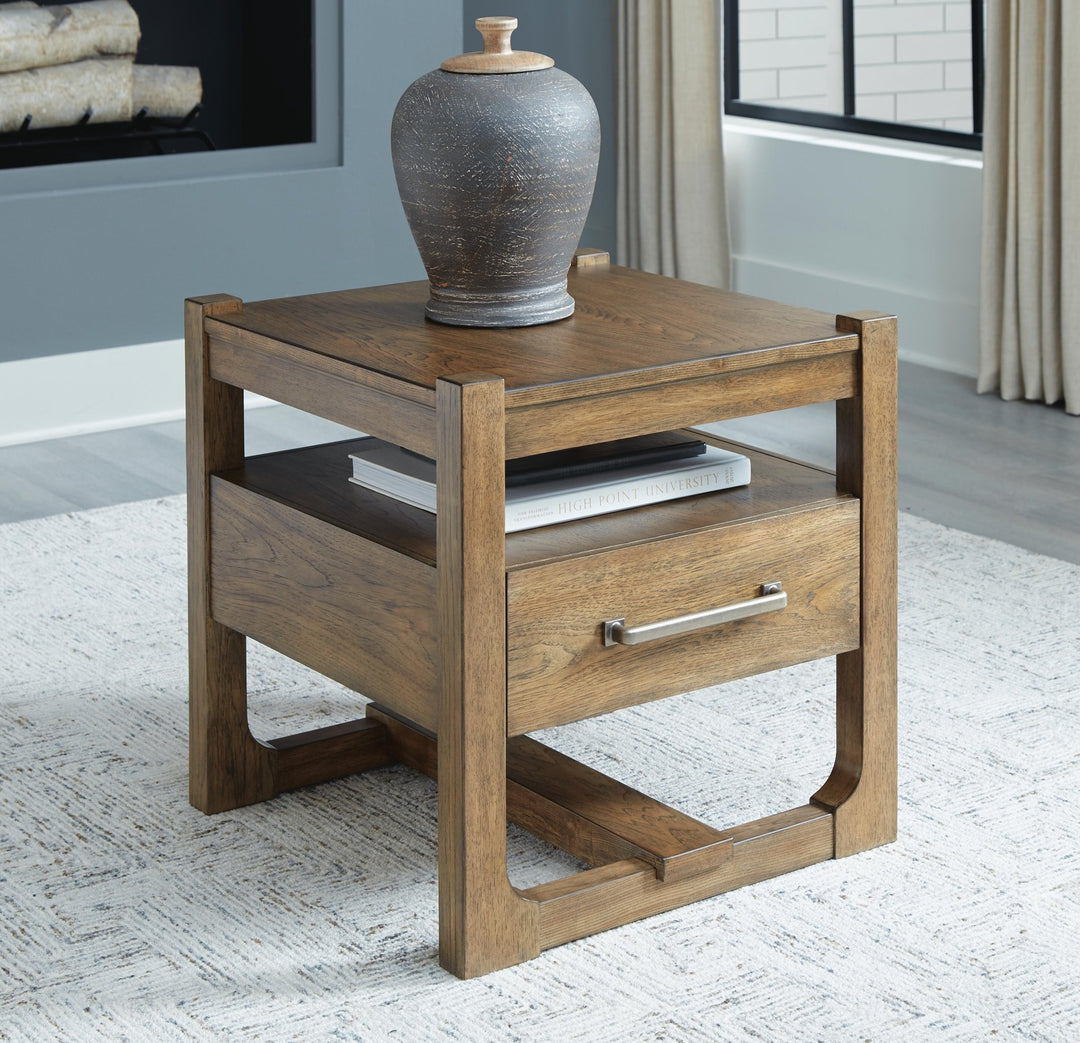 Cabalynn End Table in Light Brown front view - square wood end table by Ashley - Whats New Furniture Portland OR