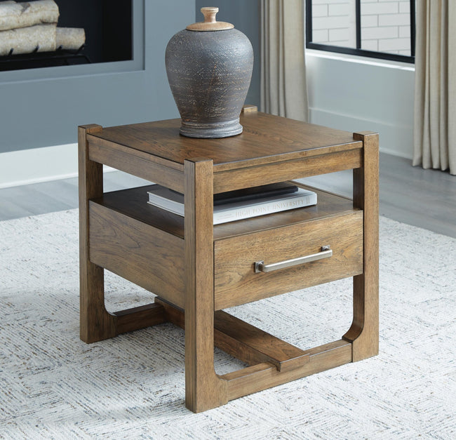Cabalynn End Table in Light Brown front view - square wood end table by Ashley - Whats New Furniture Portland OR