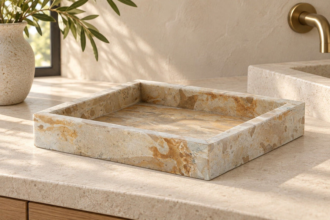 One piece from the Edurton Marble Tray Set of 2 in Light Beige styled in a Portland home — lifestyle view