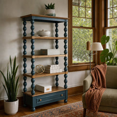 Finnworth Bookcase in Blue/Brown styled in a Portland home office - Whats New Furniture