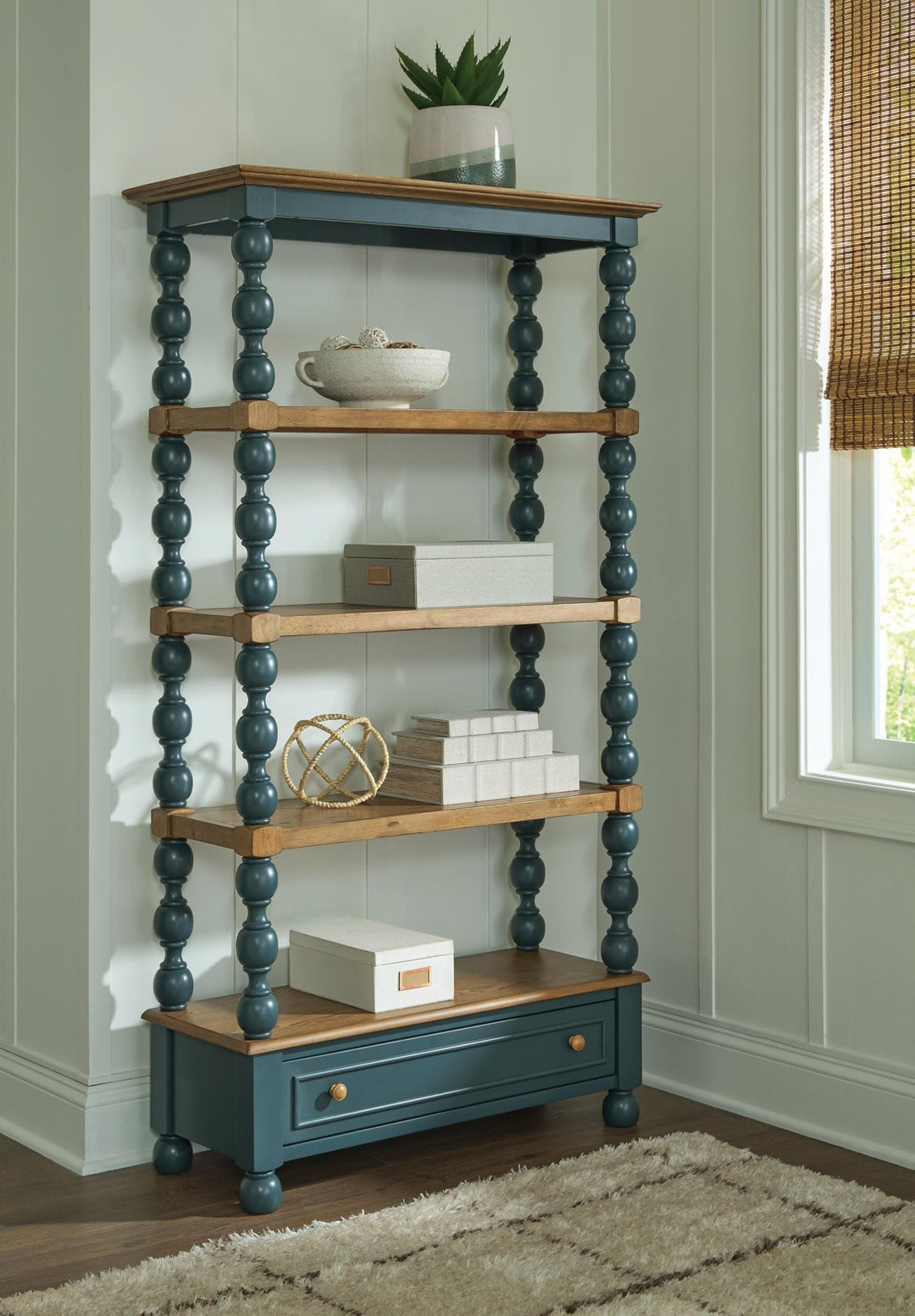Finnworth Bookcase in blue and brown front view - two-tone bookcase by Ashley - Whats New Furniture Portland OR