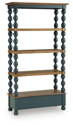 Finnworth Bookcase rear view in blue and brown two-tone finish - Whats New Furniture Portland OR
