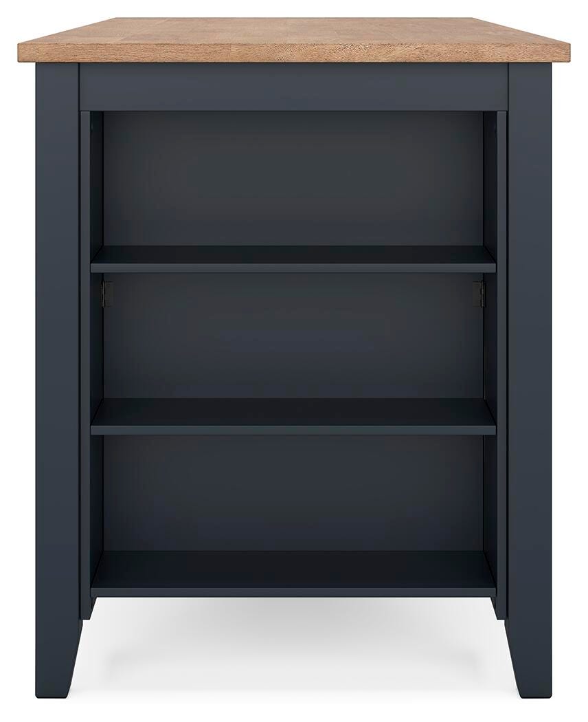 Gesthaven Counter Height Dining Table in natural and slate blue side view of the three storage shelves - Whats New Furniture Portland OR
