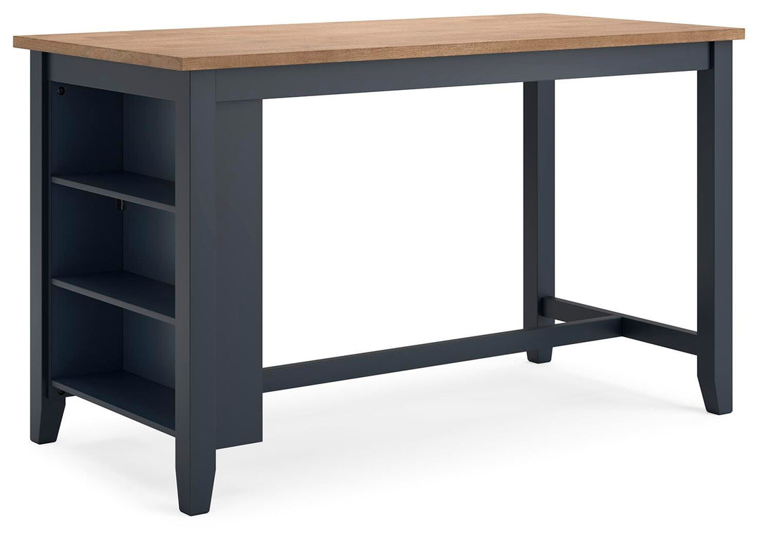 Gesthaven Counter Height Dining Table in natural and slate blue angled view showing the storage shelves - Whats New Furniture Portland OR