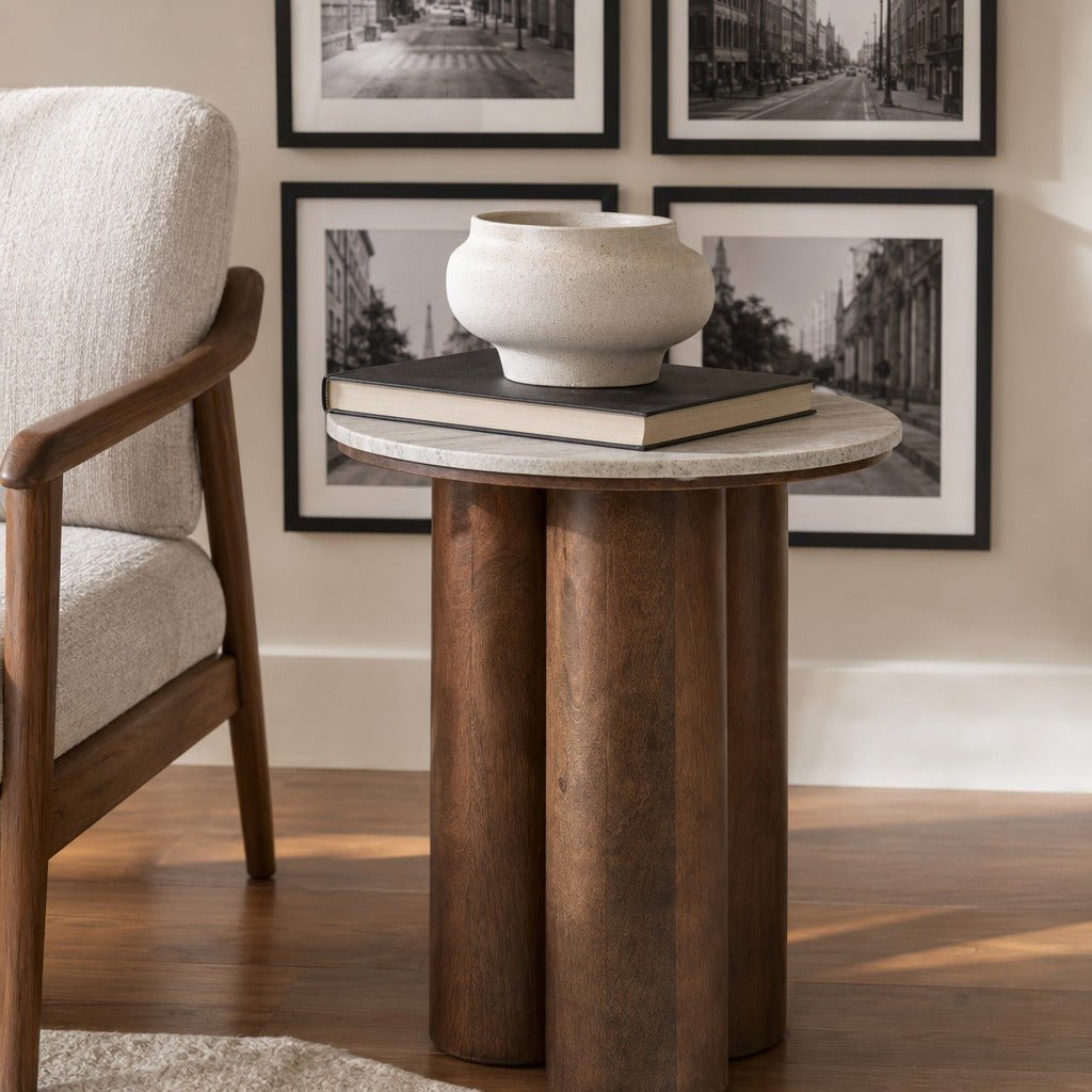 Henfield Accent Table styled in a bright mid-century modern Portland living room - Whats New Furniture