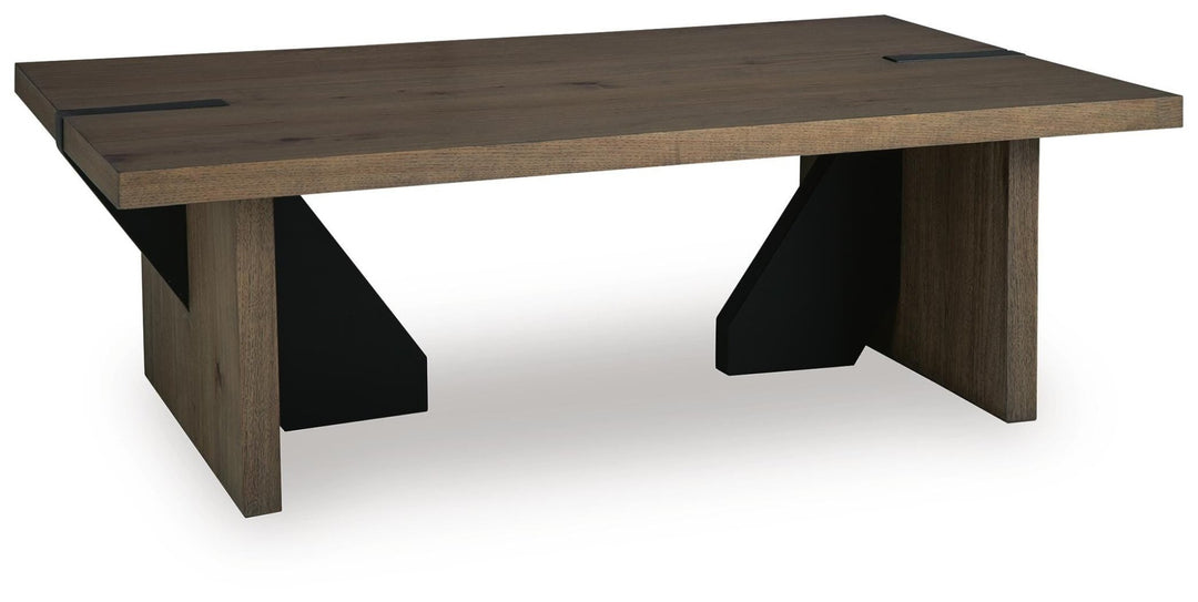 Kandinew Coffee Table angled view showing the blackened leg blocks - Whats New Furniture Portland OR