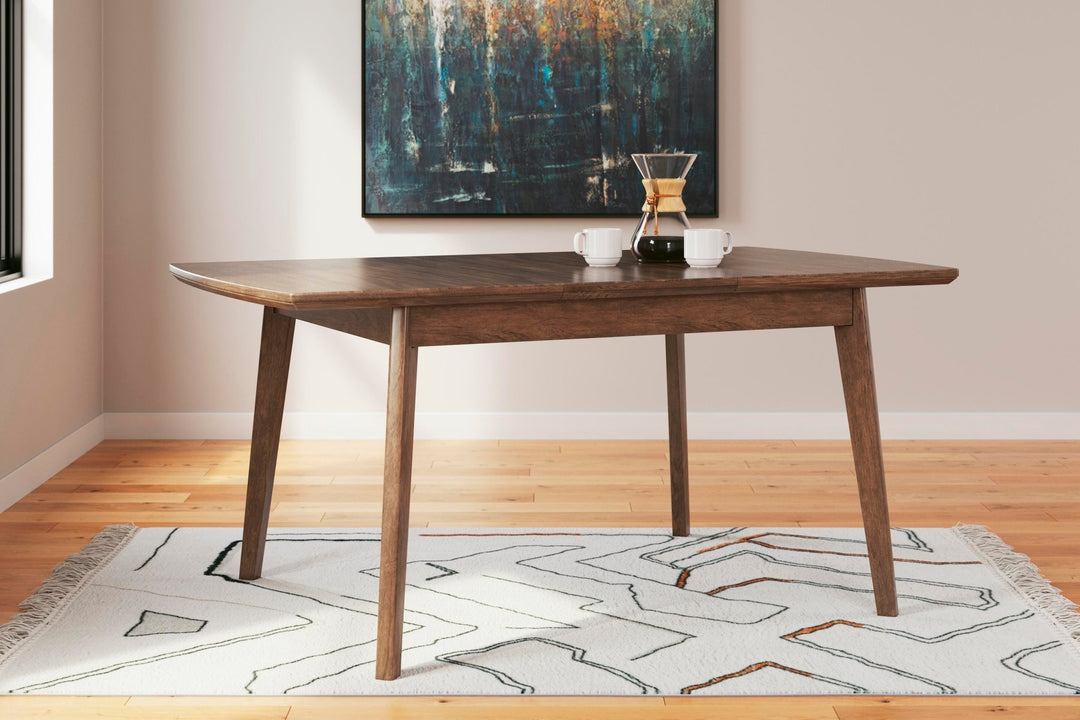 Lyncott Extension Dining Table in medium brown front view - Ashley mid-century dining table - Whats New Furniture Portland OR