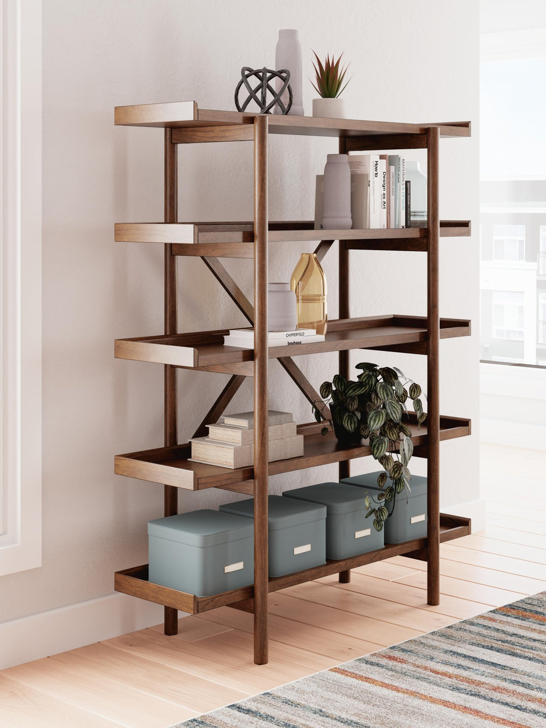Lyncott Bookcase in medium brown front view - wide mid-century bookcase by Ashley - Whats New Furniture Portland OR