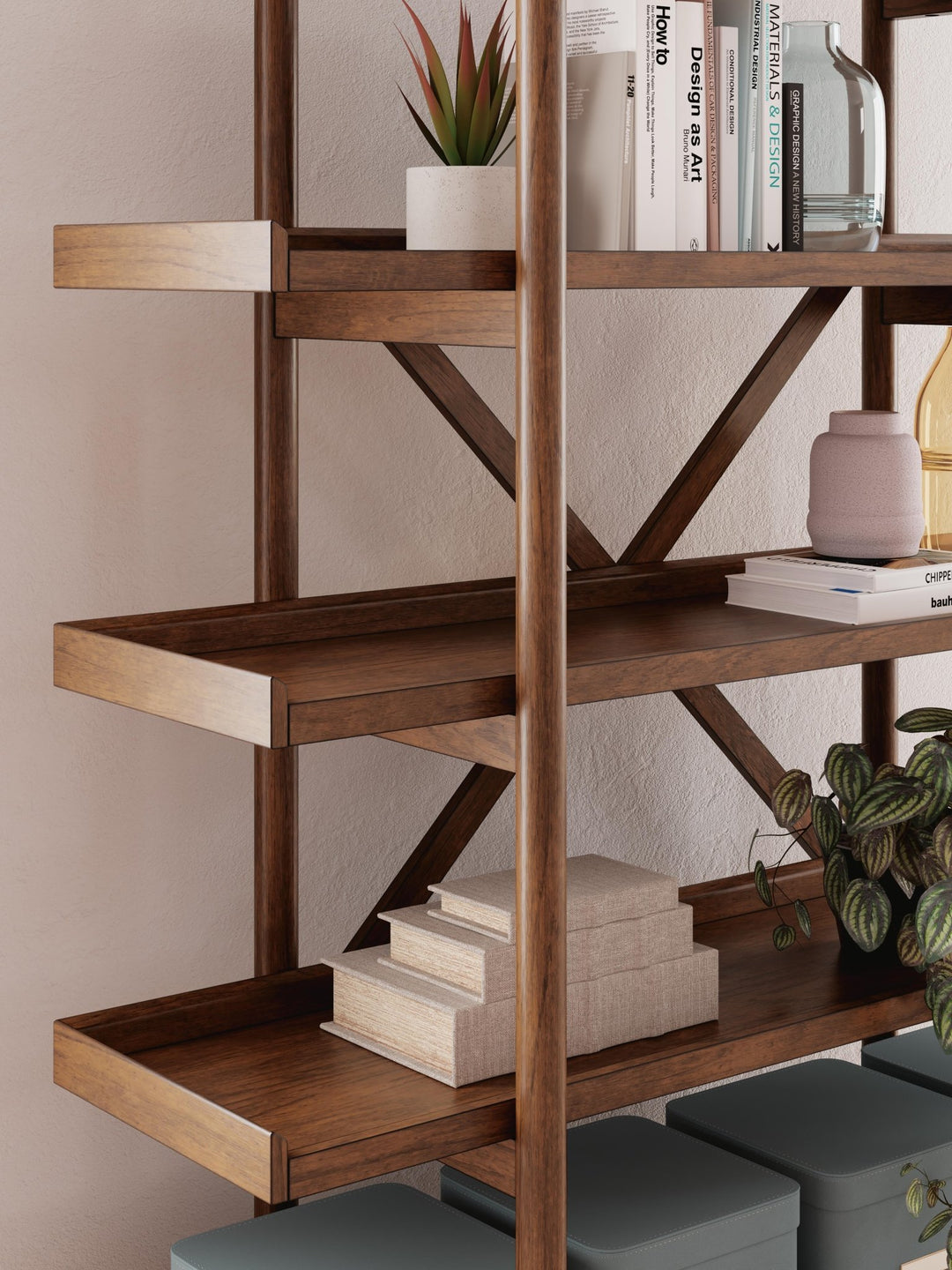 Lyncott Bookcase detail of the shelf edge and leg joinery - Whats New Furniture Portland OR
