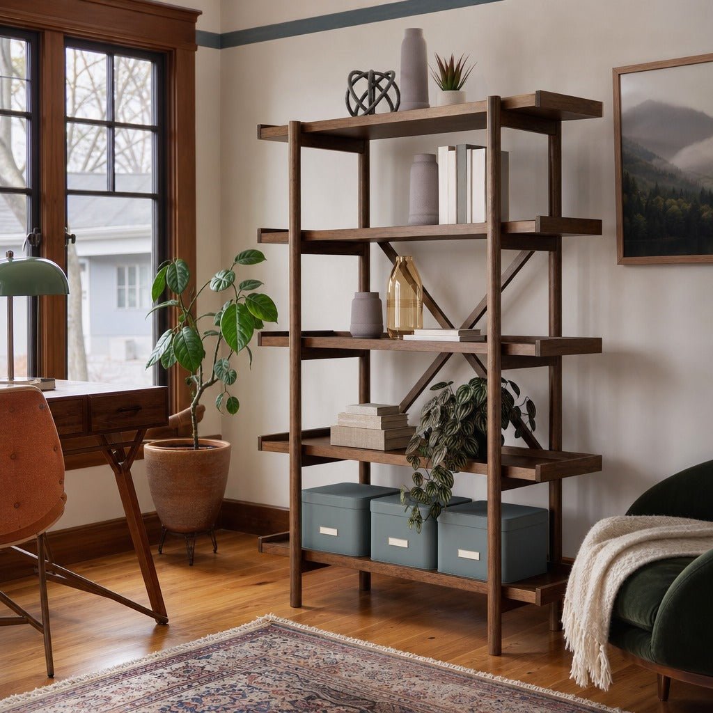 Lyncott Bookcase in Medium Brown styled in a Portland home office - Whats New Furniture