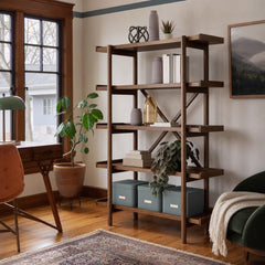 Lyncott Bookcase in Medium Brown styled in a Portland home office - Whats New Furniture