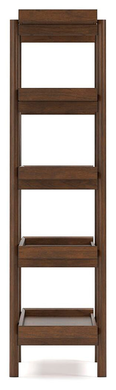 Lyncott Bookcase side profile in medium brown mango wood - Whats New Furniture Portland OR