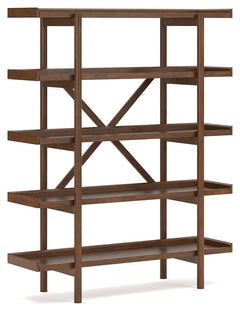 Lyncott Bookcase angled view showing the open frame and round legs - Whats New Furniture Portland OR