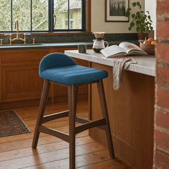 Blue Lyncott counter stool in rustic Portland Craftsman kitchen - Whats New Furniture