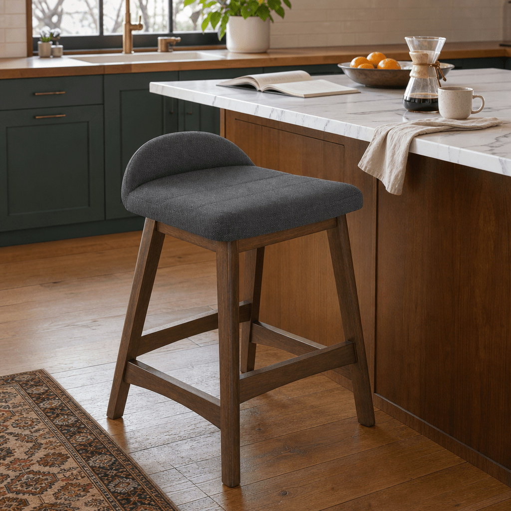 Charcoal Lyncott counter stool at marble island in Portland kitchen - Whats New Furniture