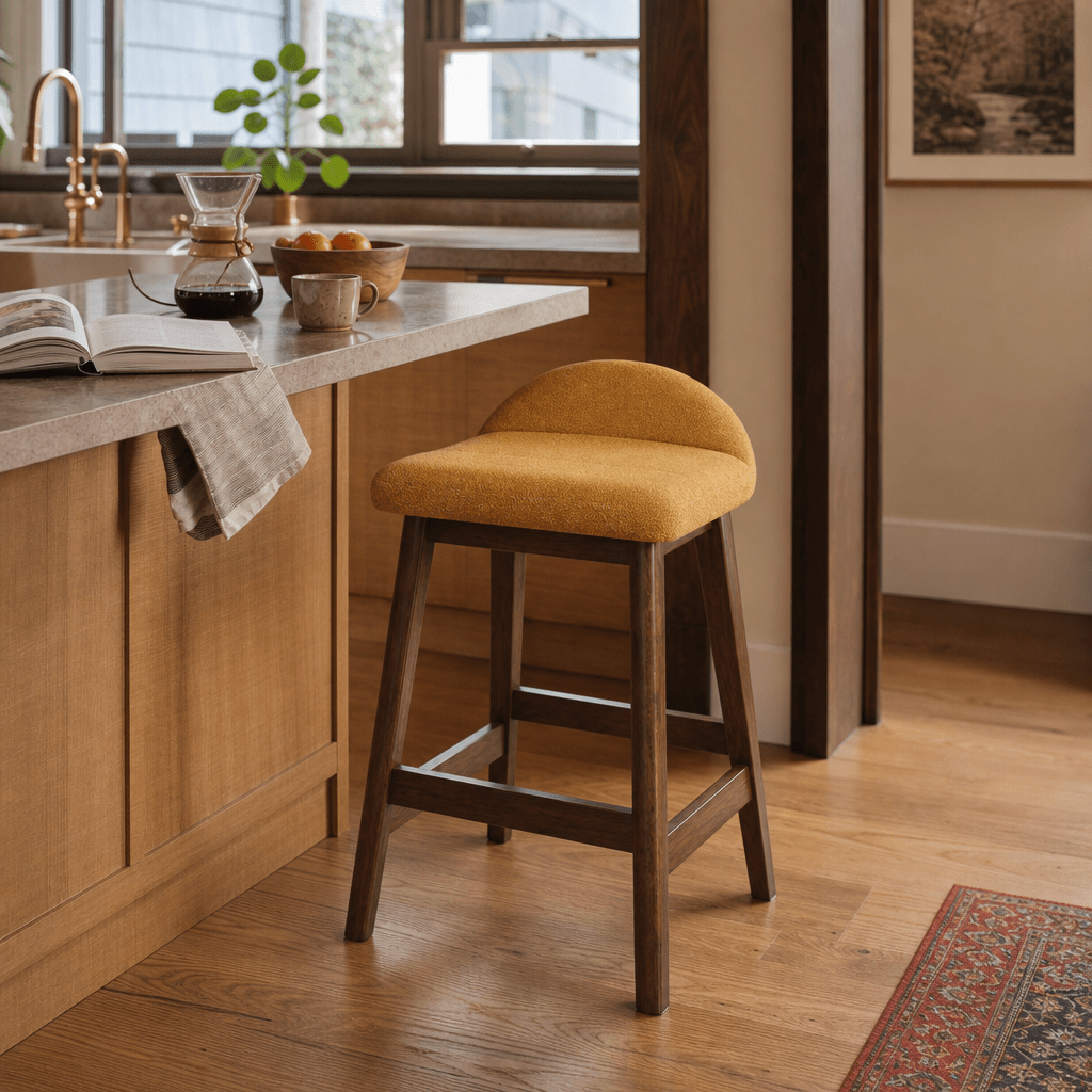 Mustard Lyncott counter stool in Portland kitchen with quartersawn oak island - Whats New Furniture
