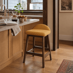 Mustard Lyncott counter stool in Portland kitchen with quartersawn oak island - Whats New Furniture