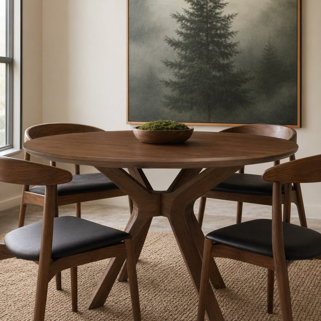 Lyncott Round Dining Table styled in a bright mid-century modern Portland home - Whats New Furniture