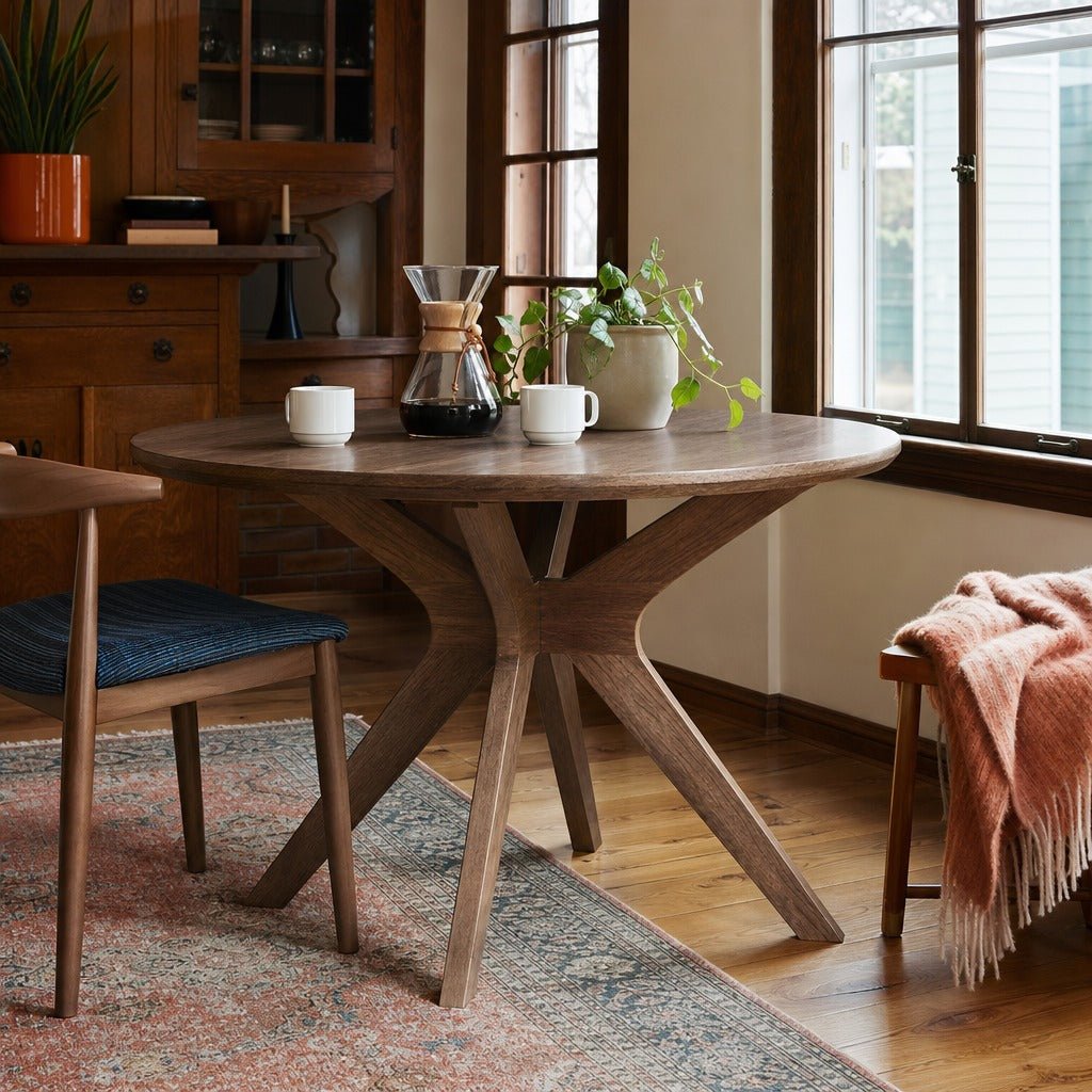 Lyncott Round Dining Table in medium brown styled in a Portland dining room - Whats New Furniture
