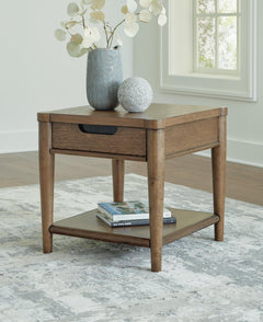 Roanhowe End Table in brown oak front view - Ashley end table with drawer - Whats New Furniture Portland OR
