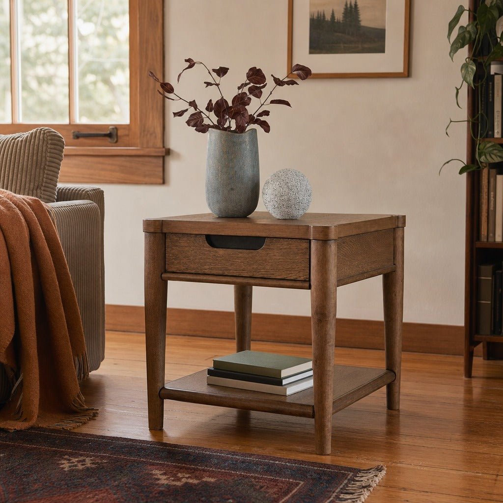 Roanhowe End Table in Brown styled in a Portland living room - Whats New Furniture