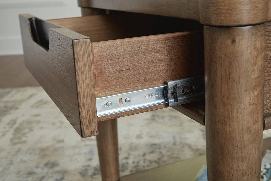 Roanhowe End Table detail of the dovetailed drawer interior - Ashley end table - Whats New Furniture Portland OR