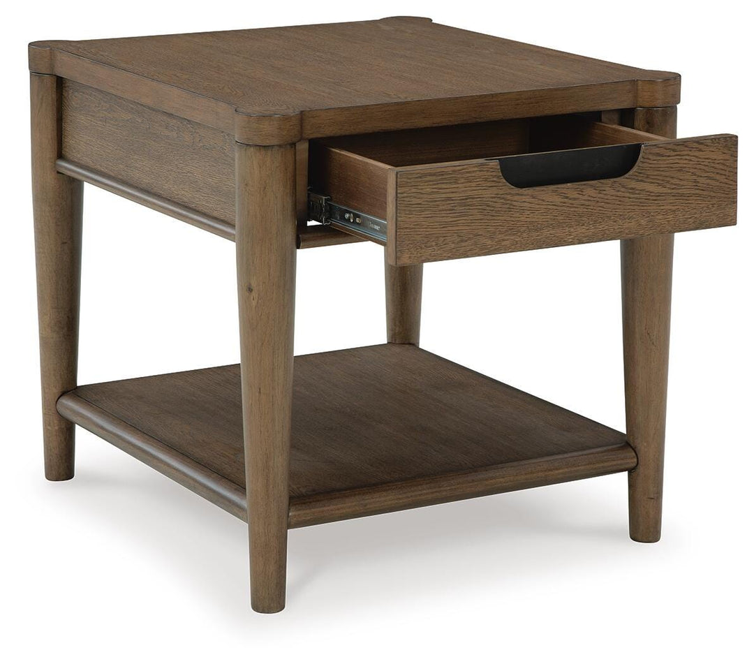 Roanhowe End Table in brown oak with the storage drawer open - Whats New Furniture Portland OR
