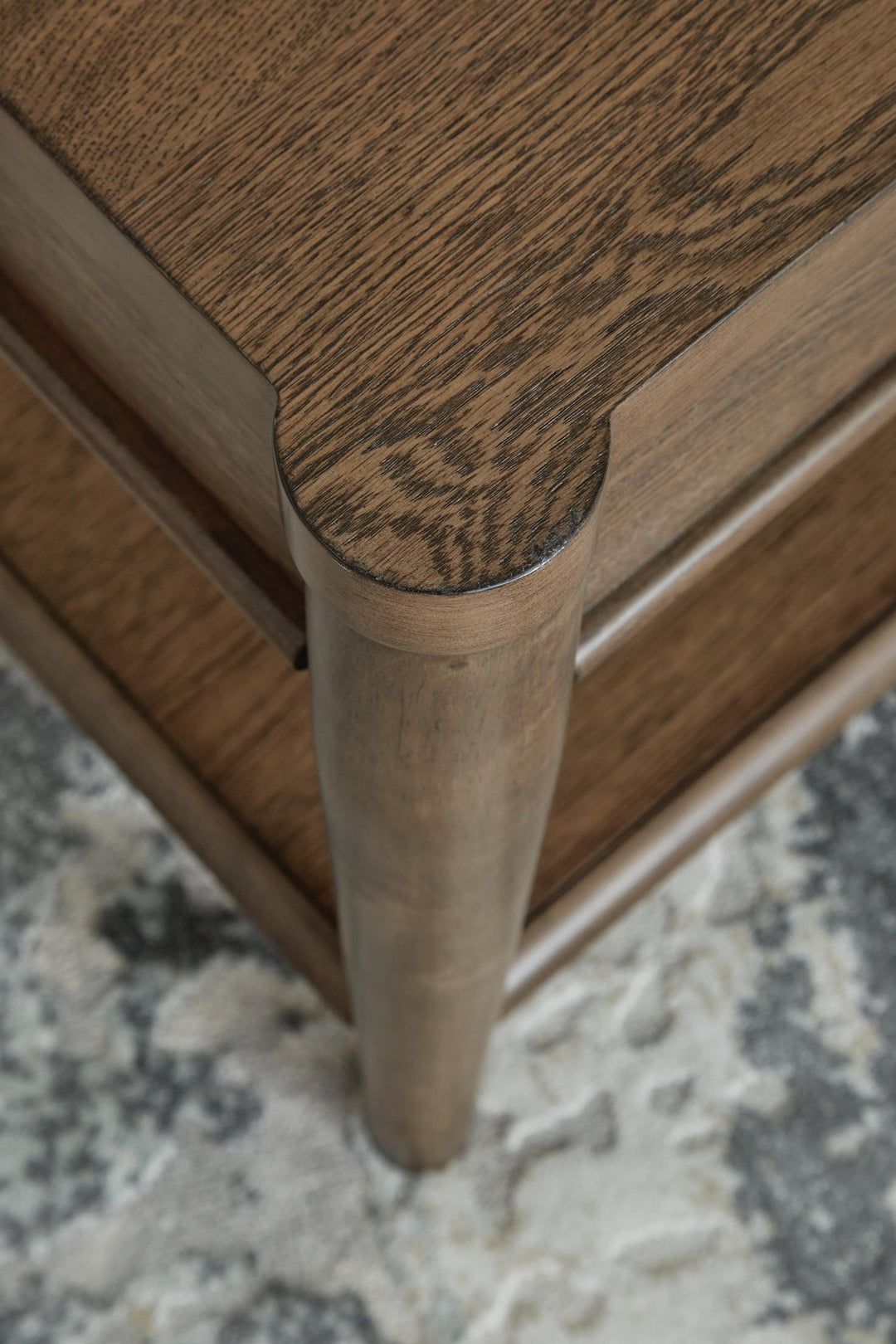 Roanhowe End Table detail of the brown oak wood grain top - Whats New Furniture Portland OR