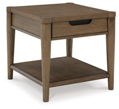 Roanhowe End Table in brown oak angled view with the drawer closed - Whats New Furniture Portland OR