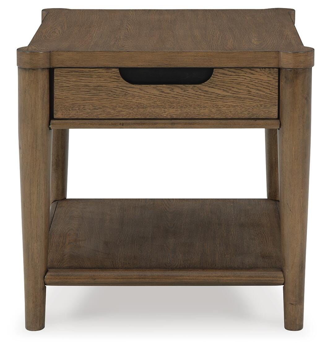 Roanhowe End Table in brown oak straight-on view showing the open shelf - Whats New Furniture Portland OR