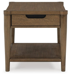 Roanhowe End Table in brown oak straight-on view showing the open shelf - Whats New Furniture Portland OR