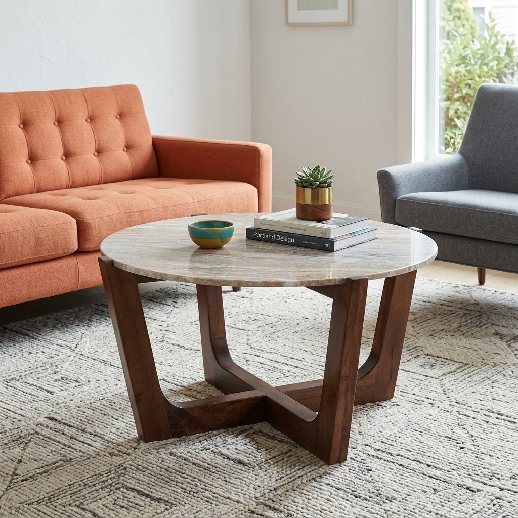 Tanidore Cocktail Table styled in a bright Portland mid-century modern interior - Whats New Furniture