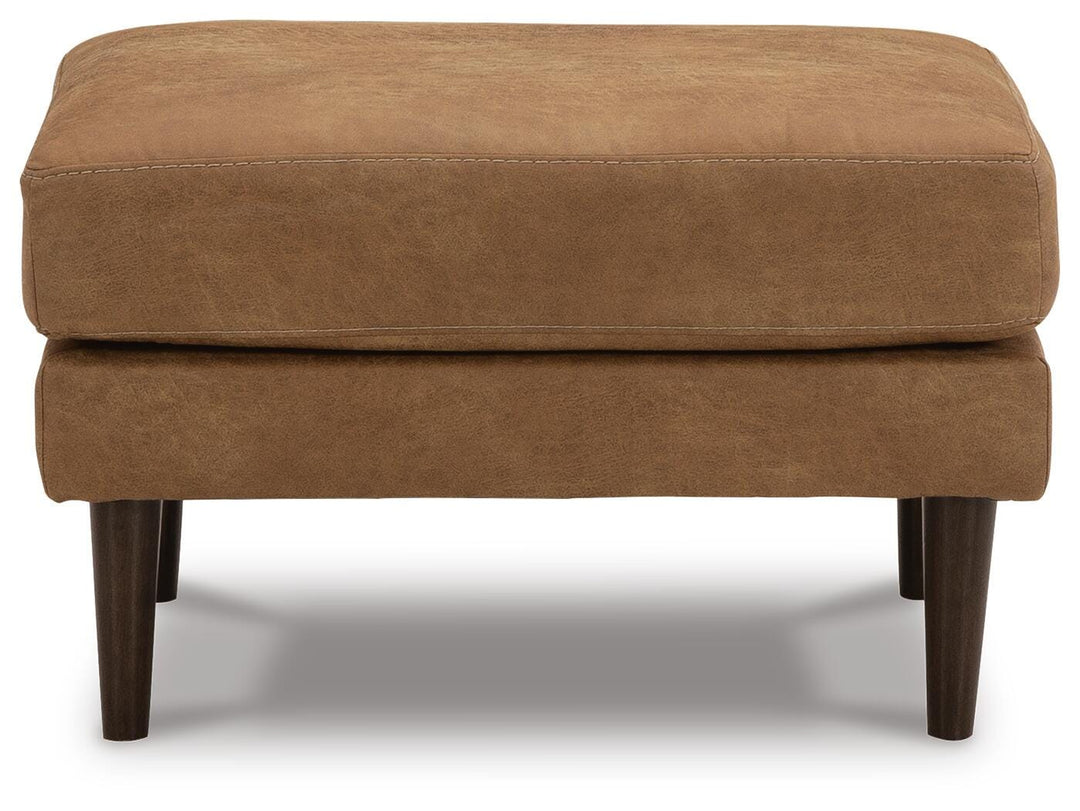 Telora Ottoman in caramel faux leather straight-on view - Whats New Furniture Portland OR