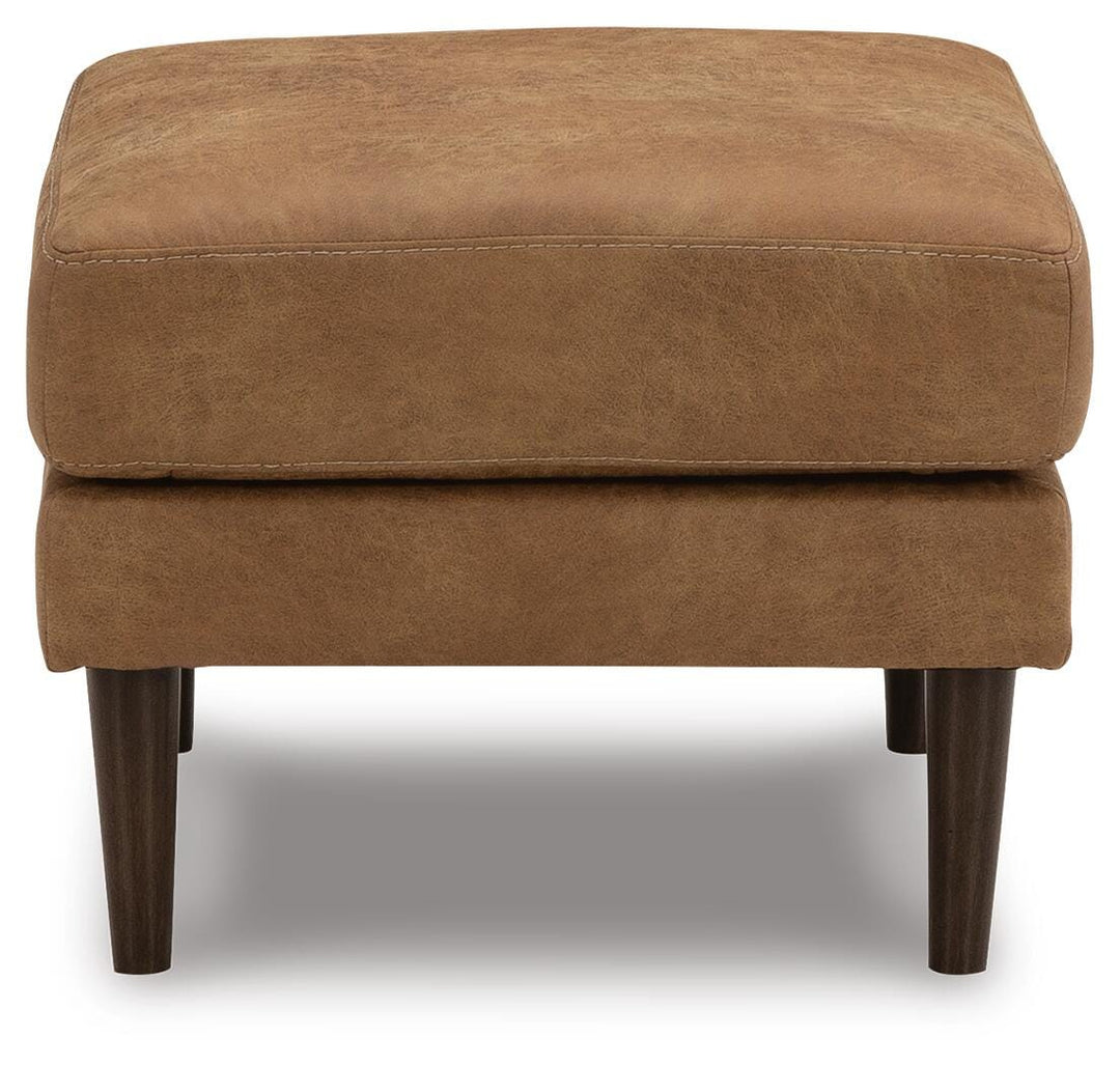 Telora Ottoman in caramel faux leather side profile - Whats New Furniture Portland OR
